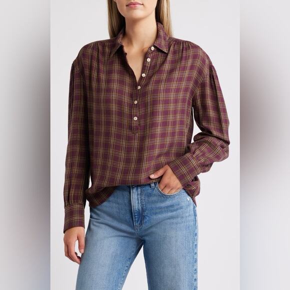 Faherty  Olli Check Button Down women Shirt color: Mulberry Plaid Size S - Picture 1 of 12